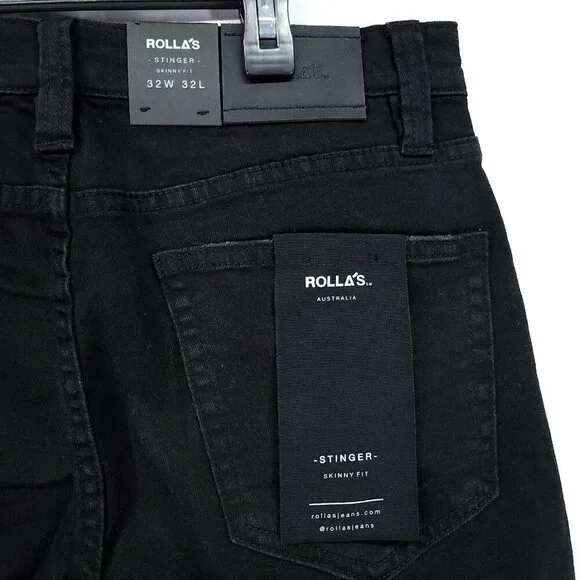 Rollas Stinger Skinny Fit Jeans Size 32x32 Distress Black Denim